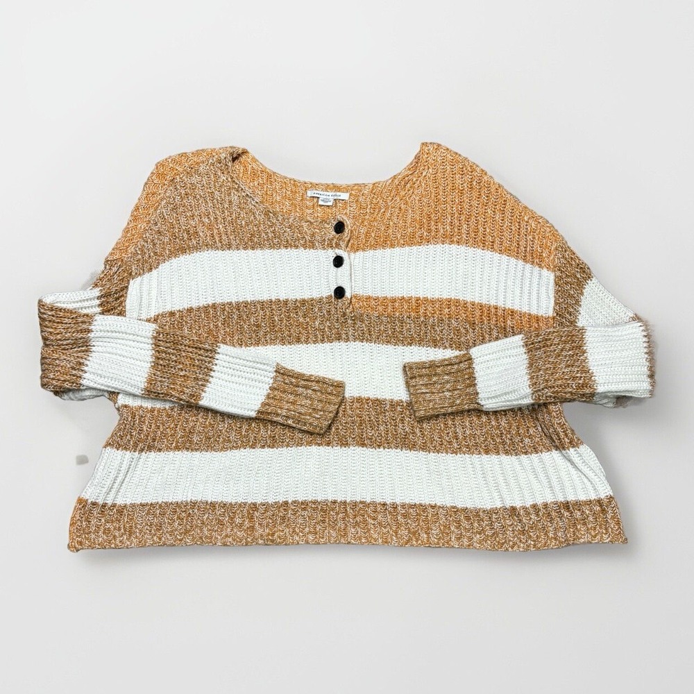 American Eagle‎ Striped Crop Sweater Size Med Med Chunky Knit Beige White Button